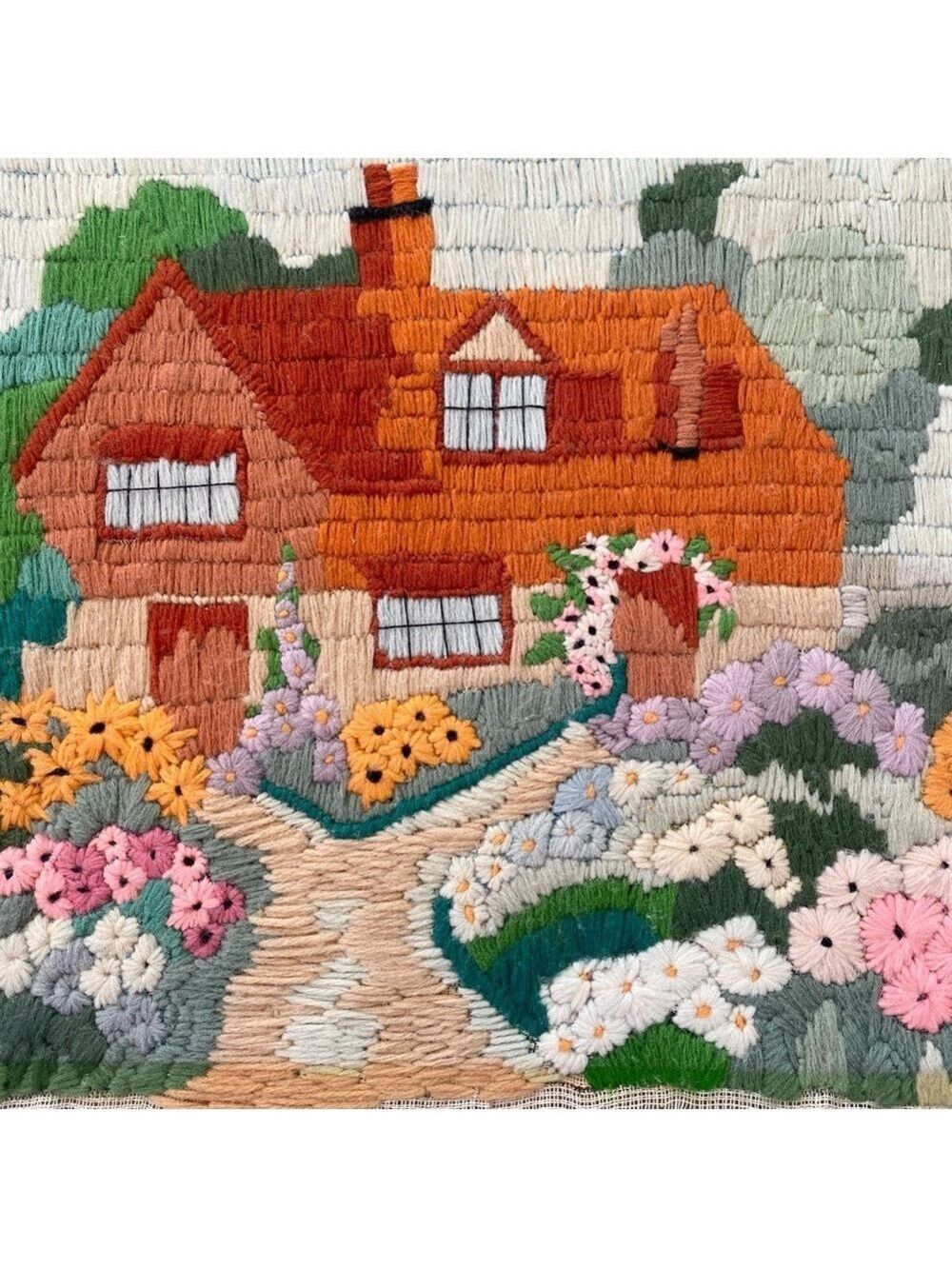 Vintage Handmade Cottage-core Longstitch Wall Fibre Art No Frame 13”x10.5”